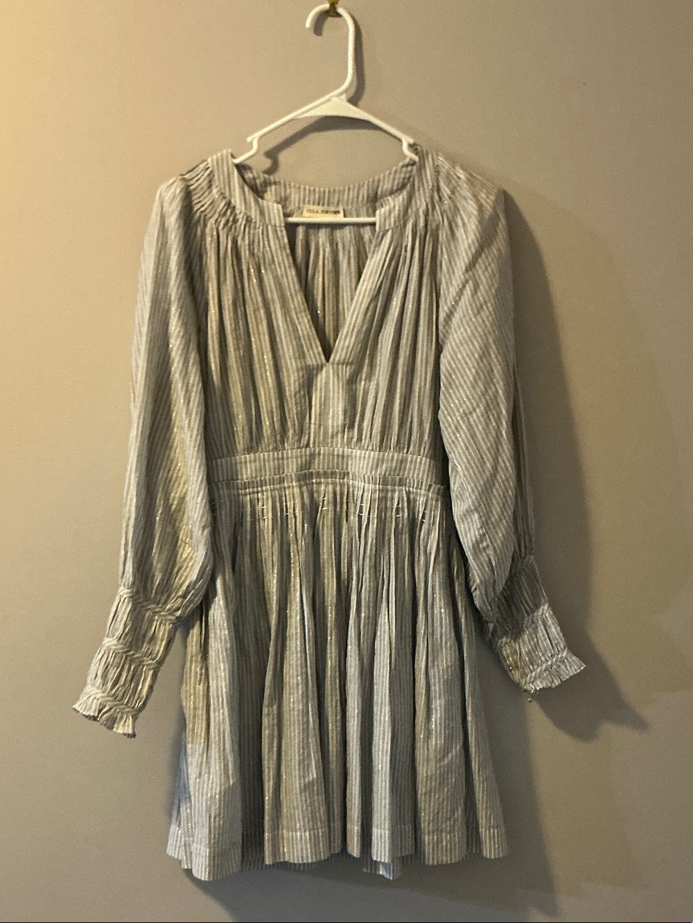 Ulla Johnson Light Gray Striped Long-Sleeve V-Neck Dress